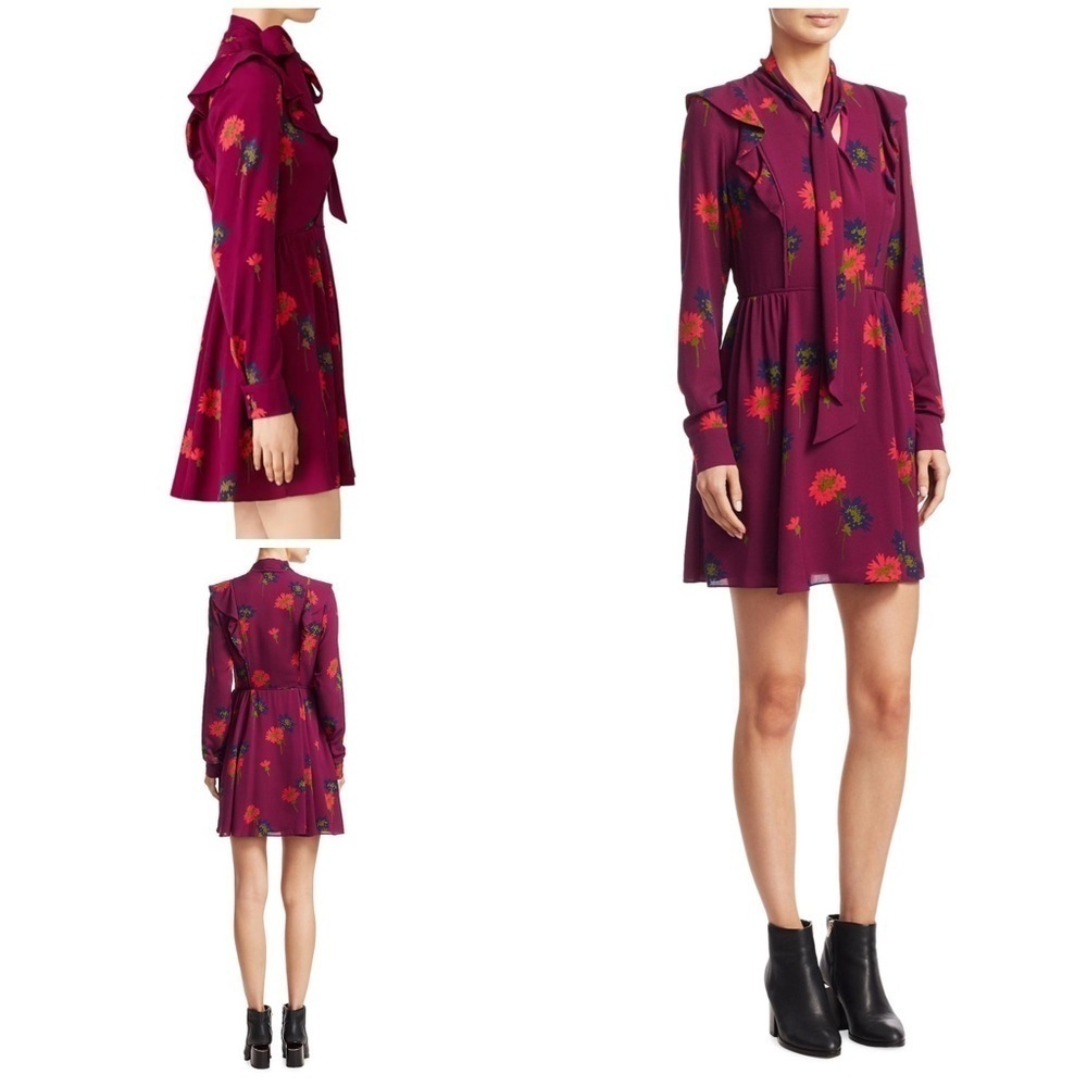 EUC Tanya Taylor Plum Aubree Floral Tied Front Long Sleeves Silk Dress 4